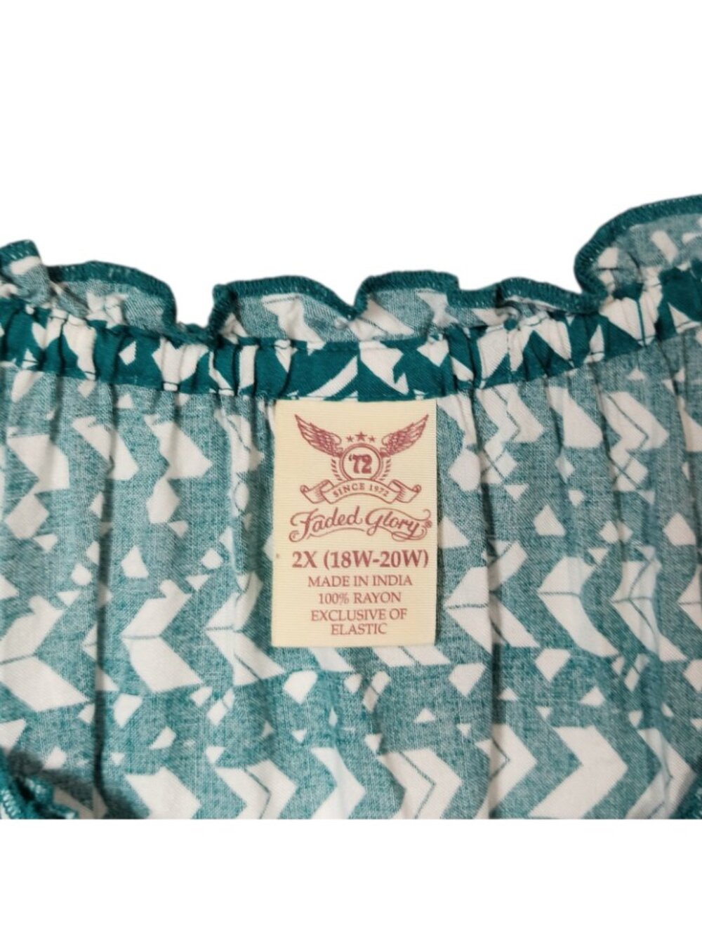 Teal White Tassle Peasant Top 3/4 Sleeve Rayon Tunic Blouse Women's 2X 18-20 - Picture 5 of 7